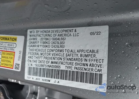 2022 Acura Tlx A-Spec Package из США, поврежденный, VIN 19UUB6F51NA000805